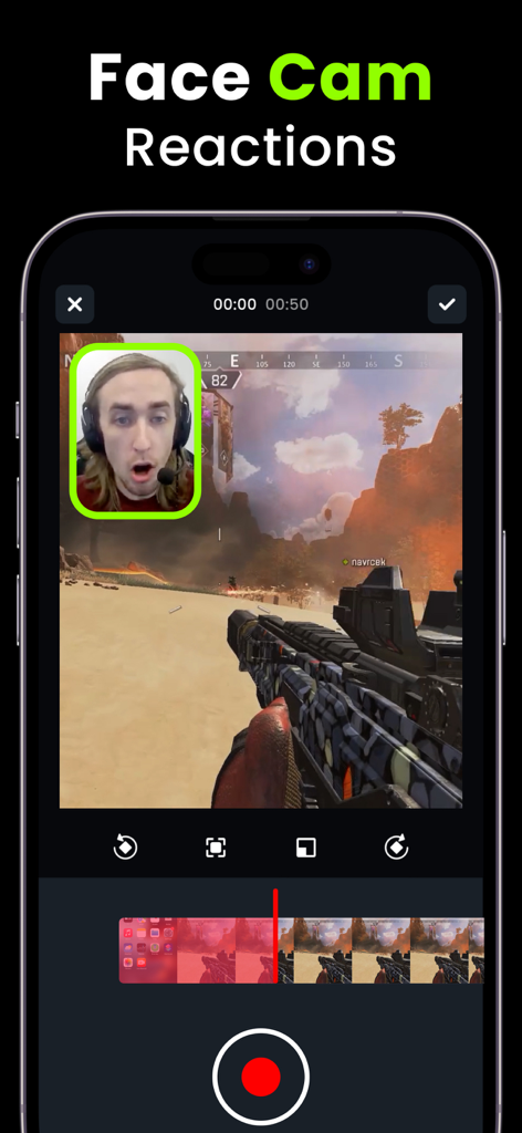Live Recorder: Record Screen - Mobile game recording interface with a face cam overlay showing a creator reaction