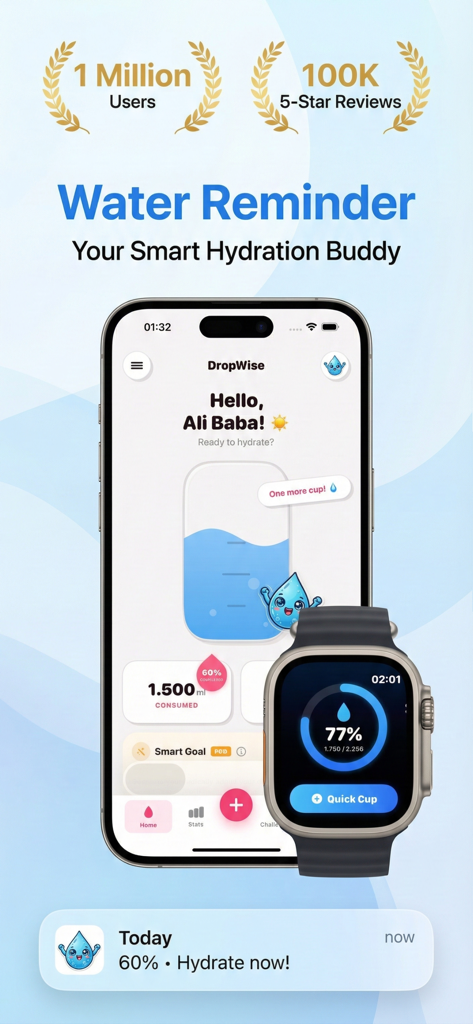 Water Reminder - DropWise - Interface of the Water Reminder DropWise app displayed on iPhone and Apple Watch showing hydration progress and smart goals