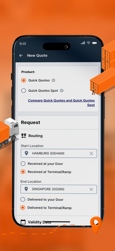 Hapag-Lloyd Mobile App - Hapag-Lloyd Mobile App Bildschirm zur Anforderung eines neuen Versandangebots