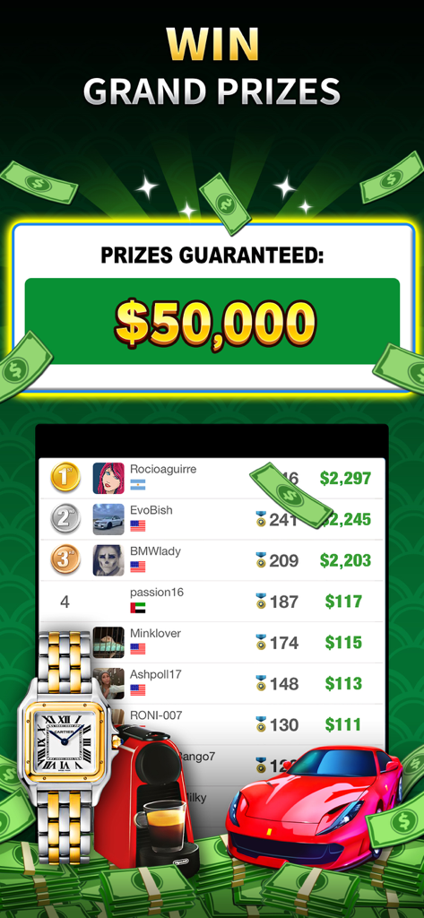 Pantalla promocional de tabla de clasificación para Mahjong Solitario Gana Dinero mostrando premios garantizados y artículos de lujo