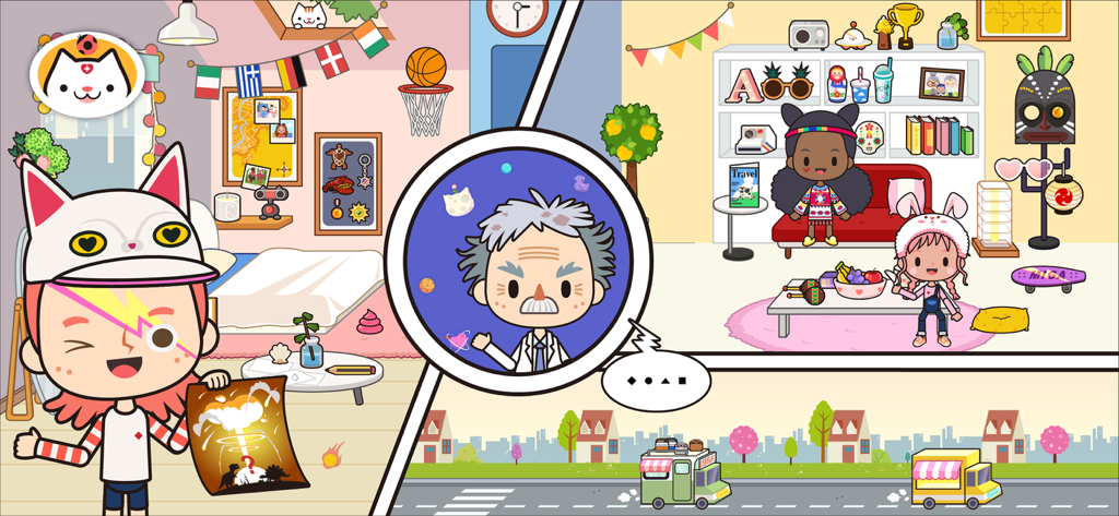 Miga Town: My Vacation - Colorful collage of various rooms and characters in the Miga Town My Vacation digital dollhouse game