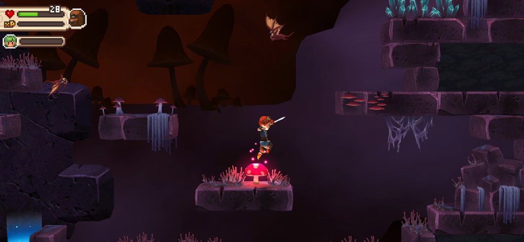 Evoland 2 - Un personaje saltando a través de un nivel de cueva de desplazamiento lateral 2D en Evoland 2.