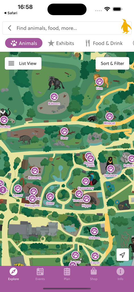 Edinburgh Zoo - Eine interaktive Karte innerhalb der Edinburgh Zoo App, die die Standorte verschiedener Tiere und Ausstellungen anzeigt