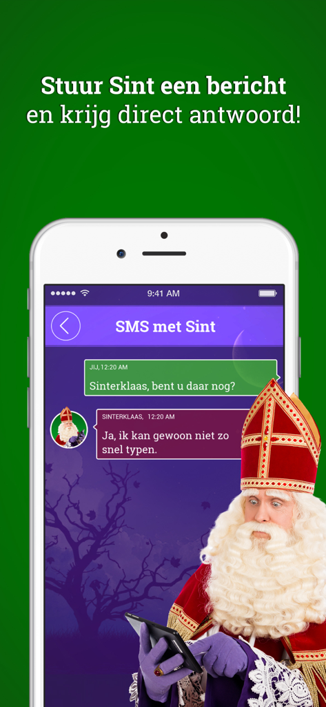 네덜란드 앱에서 신터클라스와의 가상 채팅 대화를 보여주는 모바일 화면