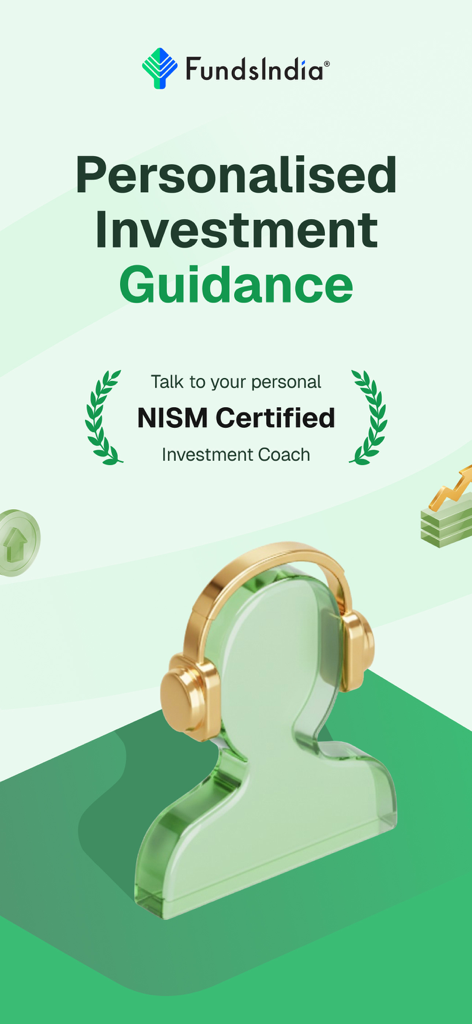 FundsIndia app screen featuring personalised investment guidance with a NISM certified investment coach