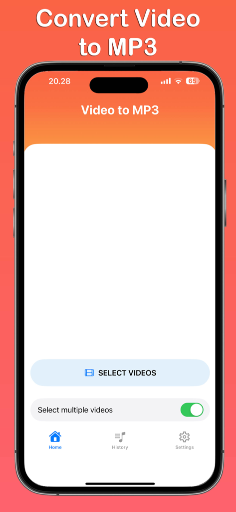 Video to MP3 Converter ~Audio - Video to MP3 Converterアプリのインターフェース。動画を選択ボタンと一括選択トグルが表示されたホーム画面を示しています