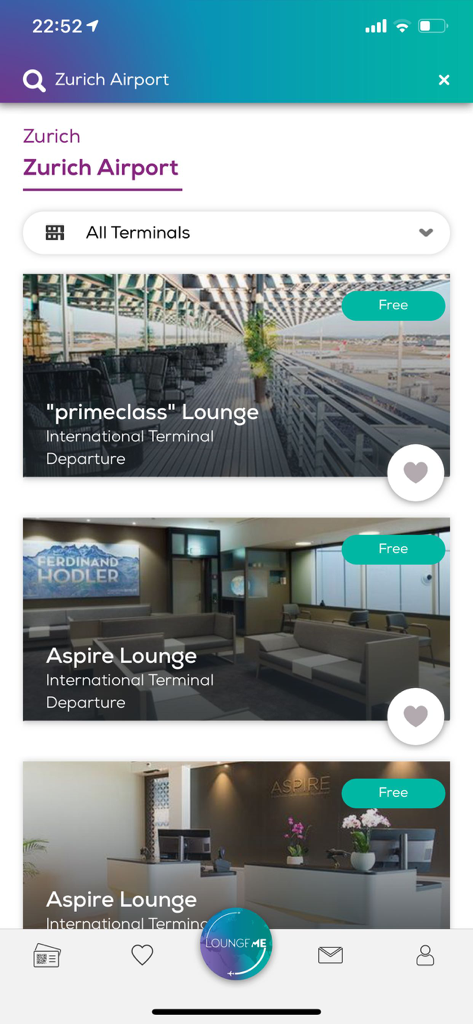 LoungeMe - Interfaz de la aplicación móvil LoungeMe que muestra opciones de salas VIP de aeropuerto en Zúrich.