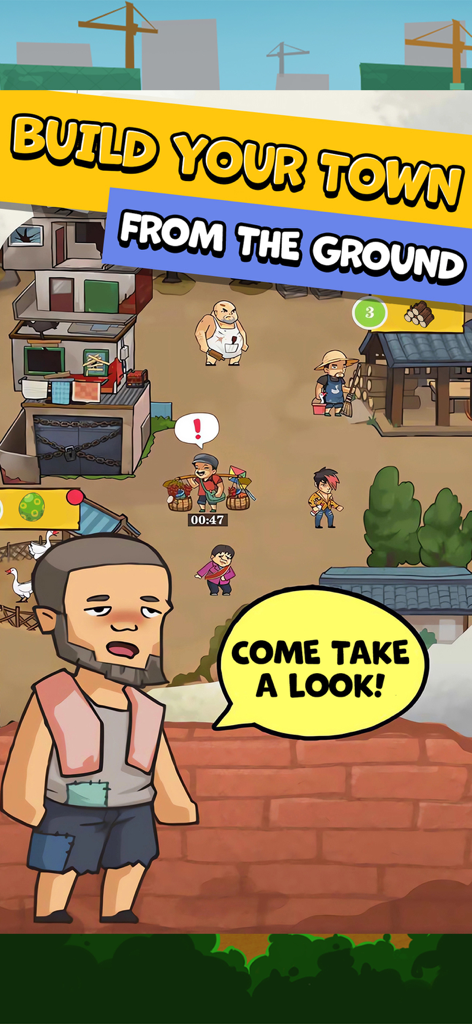 Um personagem de desenho animado convidando os jogadores a construir sua cidade do zero no jogo Home Defender Wangs Story