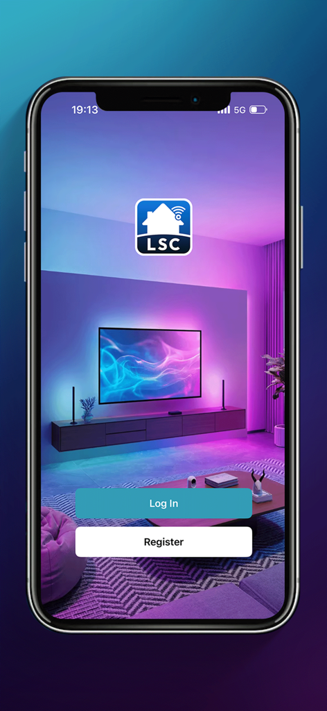 LSC Smart Connect - LSC Smart Connect app login and registration screen with ambient smart lighting background.