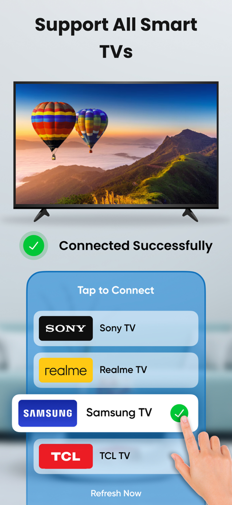 Smart View : Screen Cast - Interface do aplicativo Smart View mostrando conexão bem-sucedida a uma TV Samsung com uma lista de outras marcas suportadas como Sony e TCL
