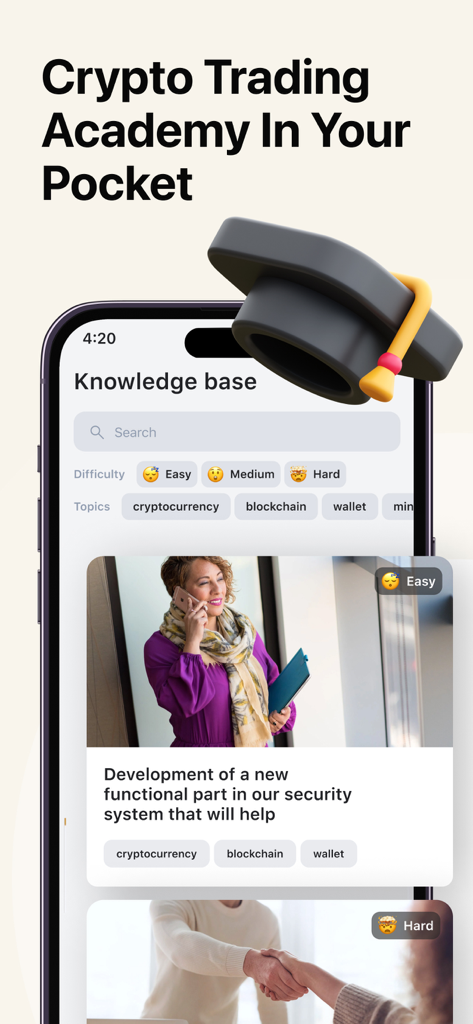 Cryptoguru mobile app knowledge base featuring crypto and blockchain trading lessons