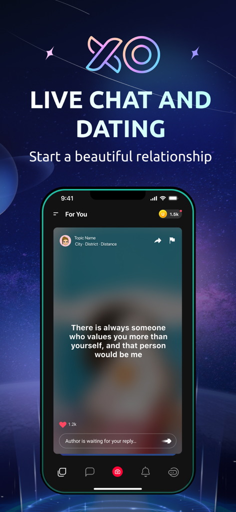 XO - Vibe & Chat - Smartphone displaying the XO app interface with the slogan Live Chat and Dating and a featured user quote