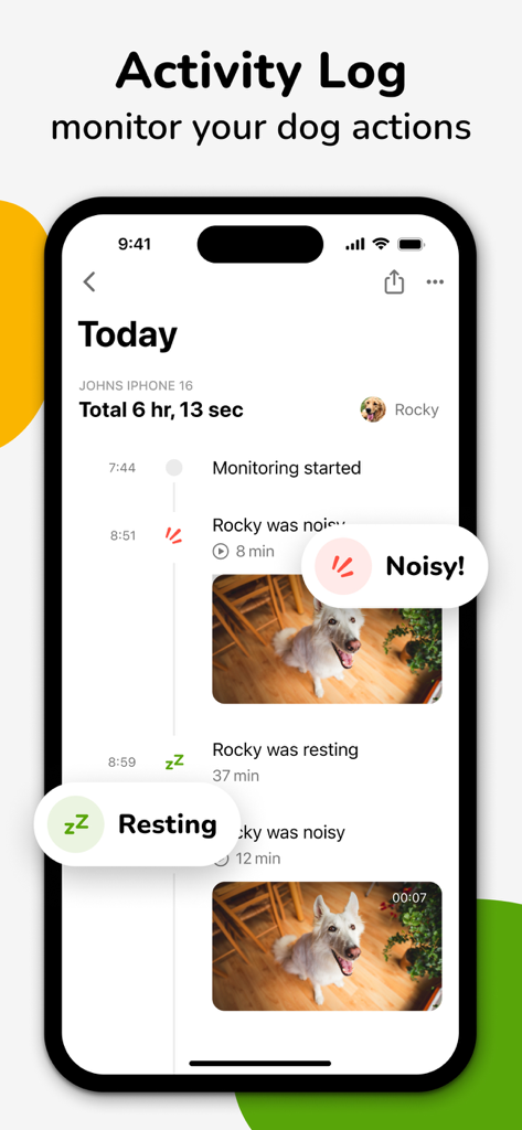 Barkio: Dog Monitor & Pet Cam - Barkio app activity log screen showing a daily timeline of dog behavior and noise alerts.