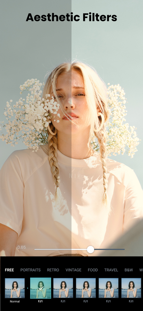 PicPro - AI Photo Editor - PicPro app showing aesthetic filters and a split-screen preview on a portrait photo