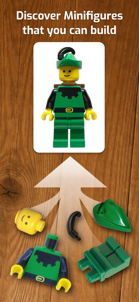 BrickScan: AI Minifig Scanner - An illustration of individual Lego parts merging to form a complete green Forestman minifigure