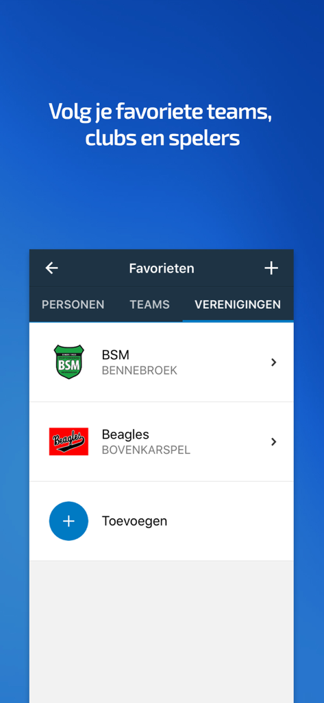 KNBSB Competitie - A screenshot of the KNBSB Competitie app favorites screen showing a list of followed baseball and softball clubs.