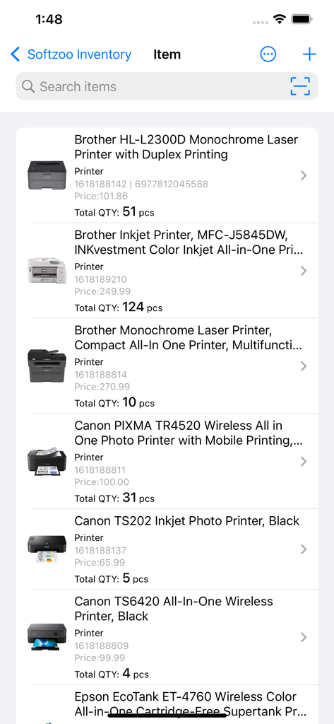 Softzoo Inventory Tracker - Mobile Benutzeroberfläche von Softzoo Inventar-Tracker, die eine Liste von Druckern mit ihren Lagerbeständen und Preisen anzeigt