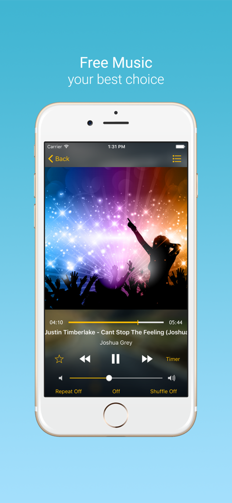 iPhone screenshot showing the playback screen of the Free Music Player app with song controls and concert artwork.