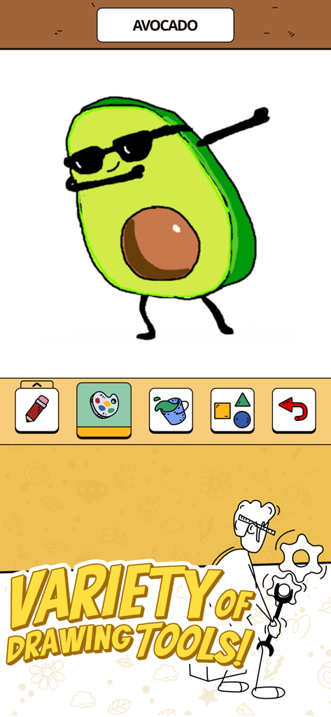 Scribble It! Draw & Guess - Scribble It drawing interface featuring a dabbing avocado and various creative tools