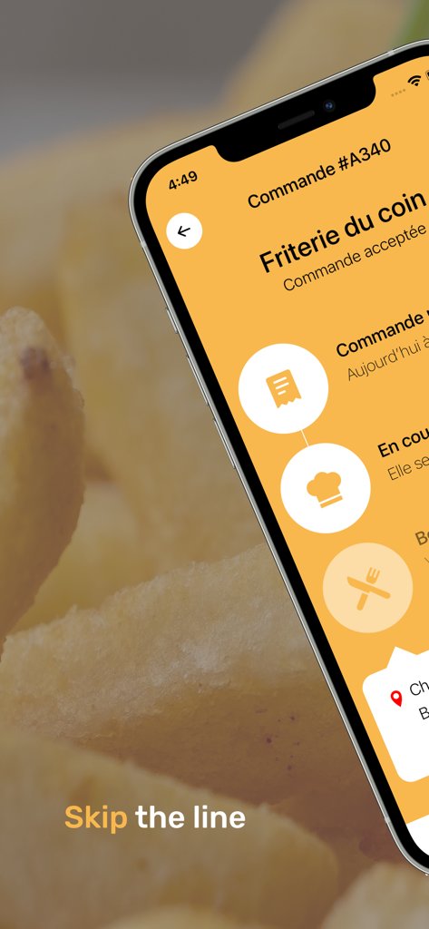 Fritzyアプリのインターフェース。地元のフリッツ店での注文追跡ステータスと「skip the line」のテキストを表示。