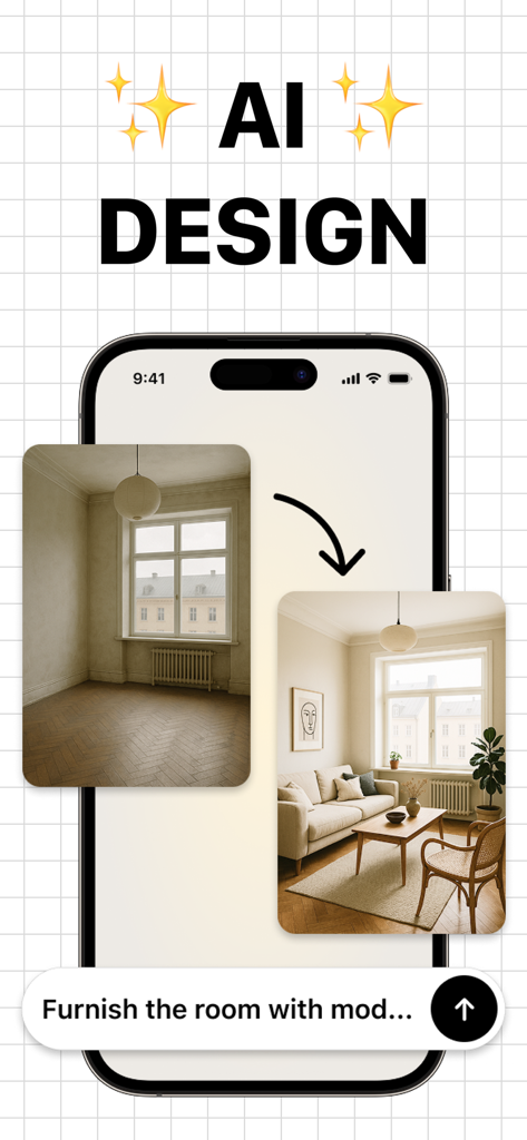 Floor Plan & AI Home - CamPlan - Comparación de antes y después de una habitación vacía transformada en una sala de estar amueblada moderna utilizando diseño de IA