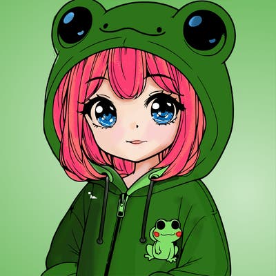 cute realistic girl in a froggy hoodie