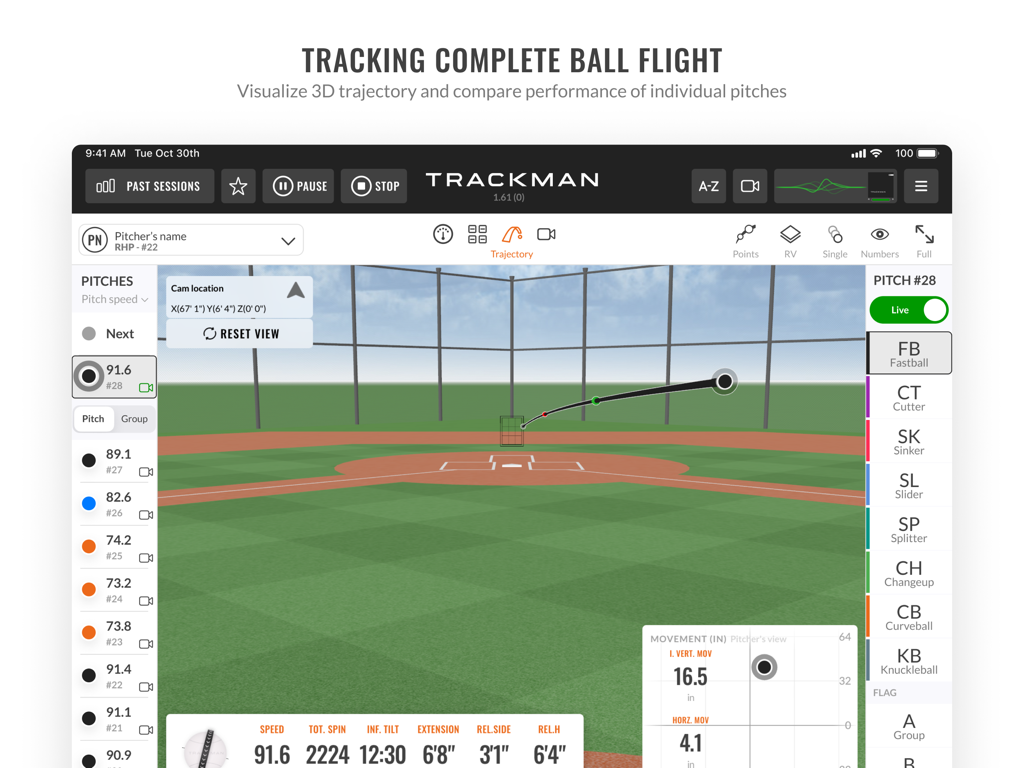 Interface de l'application Trackman Baseball Pro montrant une trajectoire de lancer de baseball en 3D au-dessus d'un terrain avec des données de performance en temps réel