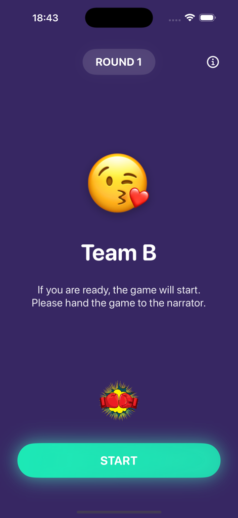 Taboo Game Offline  Many Words - Uma tela de aplicativo móvel para o Jogo Tabu Offline mostrando a Equipe B pronta para iniciar a rodada um com um botão de início brilhante.