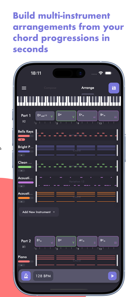 Horucco app interface showing a multi-instrument chord arrangement with a piano keyboard and multi-track sequencer