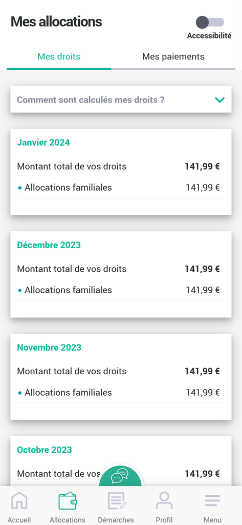 Interface de l'application Caf Mon Compte affichant les droits aux allocations familiales mensuelles et l'historique des paiements