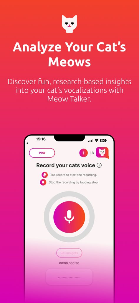 Cat Translator - Meow Talker - Captura de tela do aplicativo Cat Translator mostrando a interface de gravação para analisar a voz de um gato