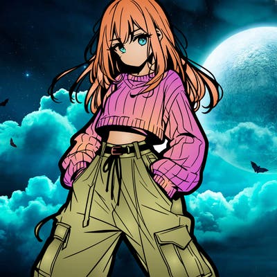 anime teen girl with baggy pants and crop top with sweater