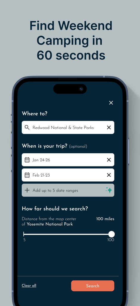 Campsite Tonight: Camping & RV - Search screen for Campsite Tonight app showing location and date selection for camping trips