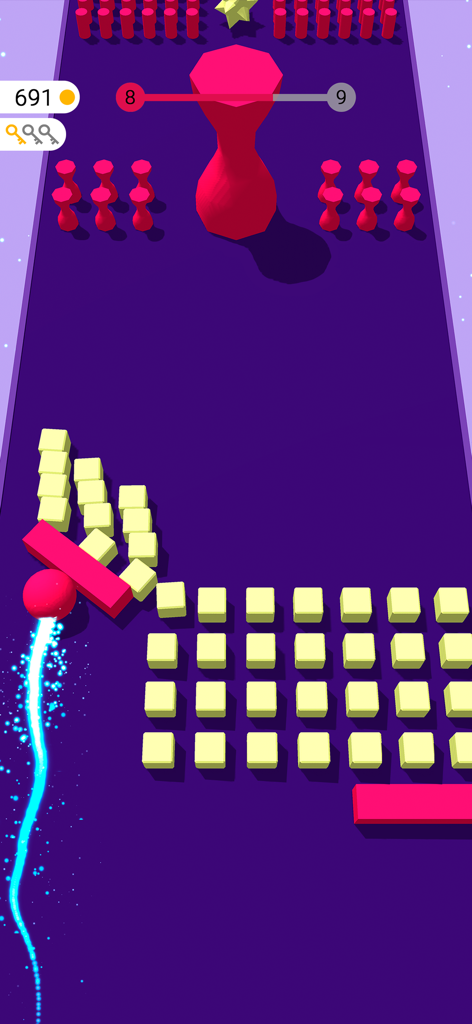 A red ball with a blue trail pushing yellow blocks in a purple 3D obstacle course