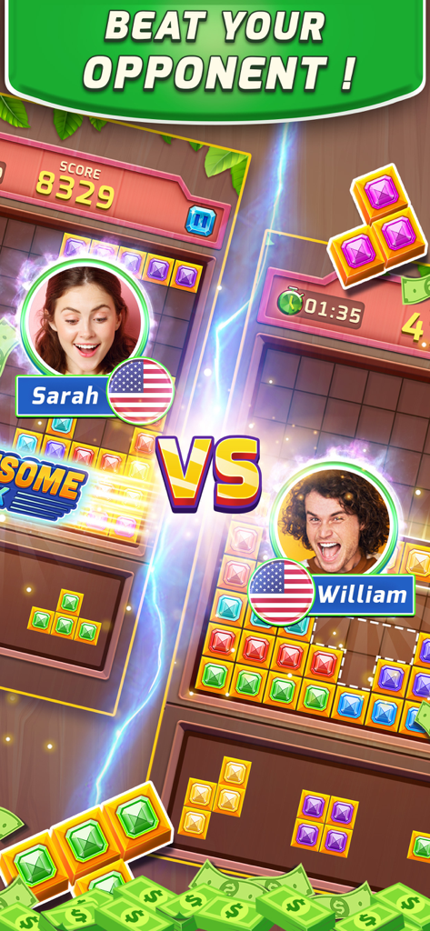 Block Puzzle: Win & CashOut - Two players competing in a head to head block puzzle tournament for cash prizes