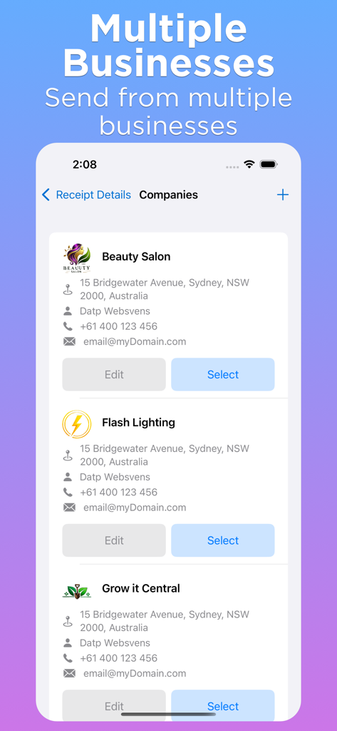 Receipt Maker Generator - Interface of Receipt Maker Generator showing a list of multiple businesses including a beauty salon and lighting company