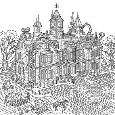 Explore a magnificent country mansion transformed with intricate cyberpunk details and robotic elements. This unique coloring page blends classic architecture with a futuristic, high-tech farm setting.
