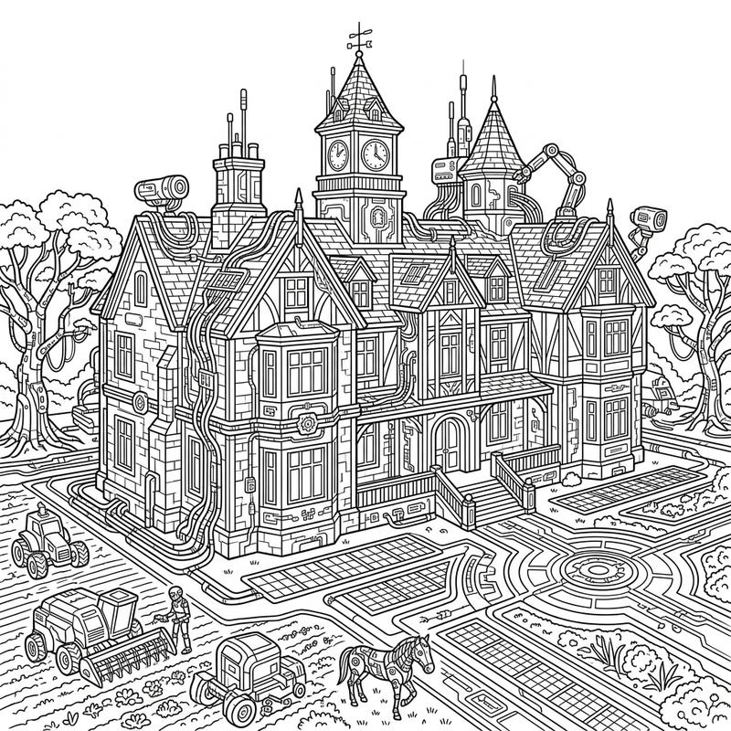 Explore a magnificent country mansion transformed with intricate cyberpunk details and robotic elements. This unique coloring page blends classic architecture with a futuristic, high-tech farm setting.