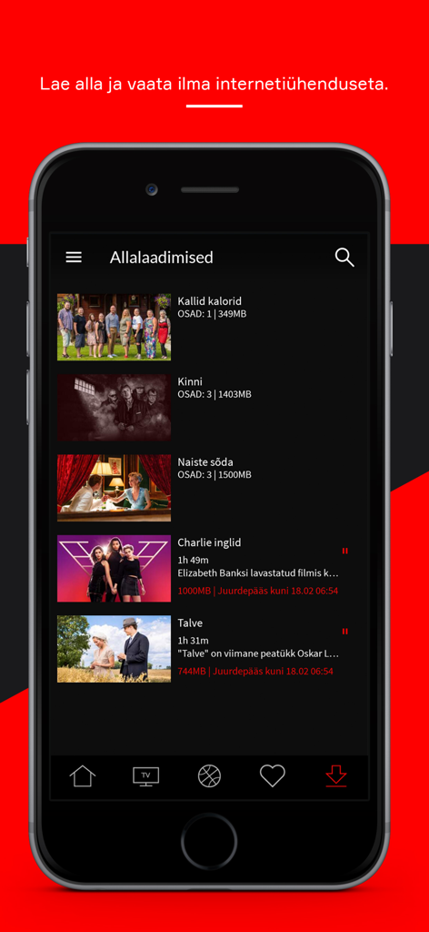 Go3 Eesti - Mobile interface of Go3 Eesti app showing a list of downloaded movies and series for offline viewing