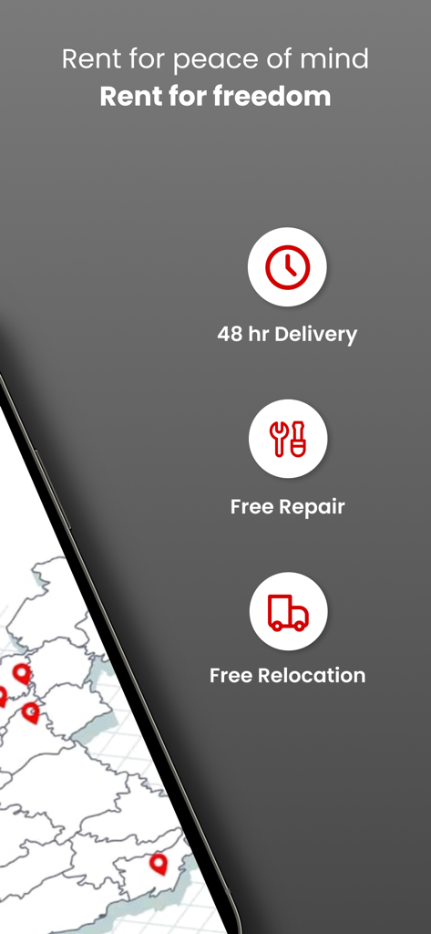 Rentomojoアプリ画面、48時間配送、無料修理、無料引越しサービスを表示