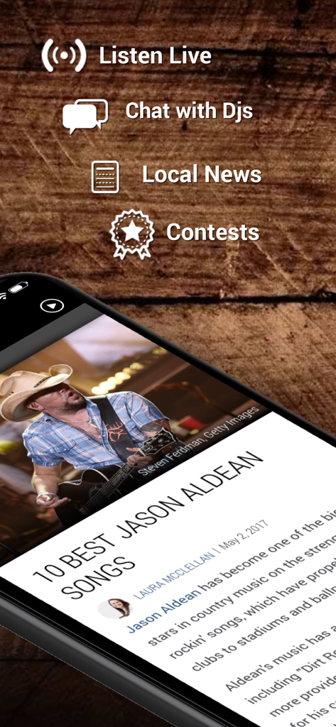 KISS COUNTRY 93.7 radio app interface showing listen live, DJ chat, news, and contests features.