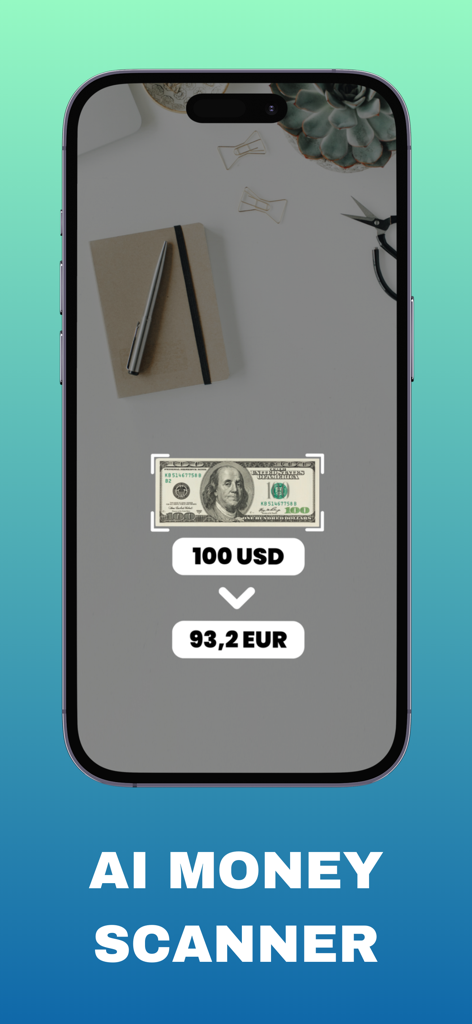 Phone screen showing AI Banknote Identifier app scanning a 100 dollar bill and converting it to Euro
