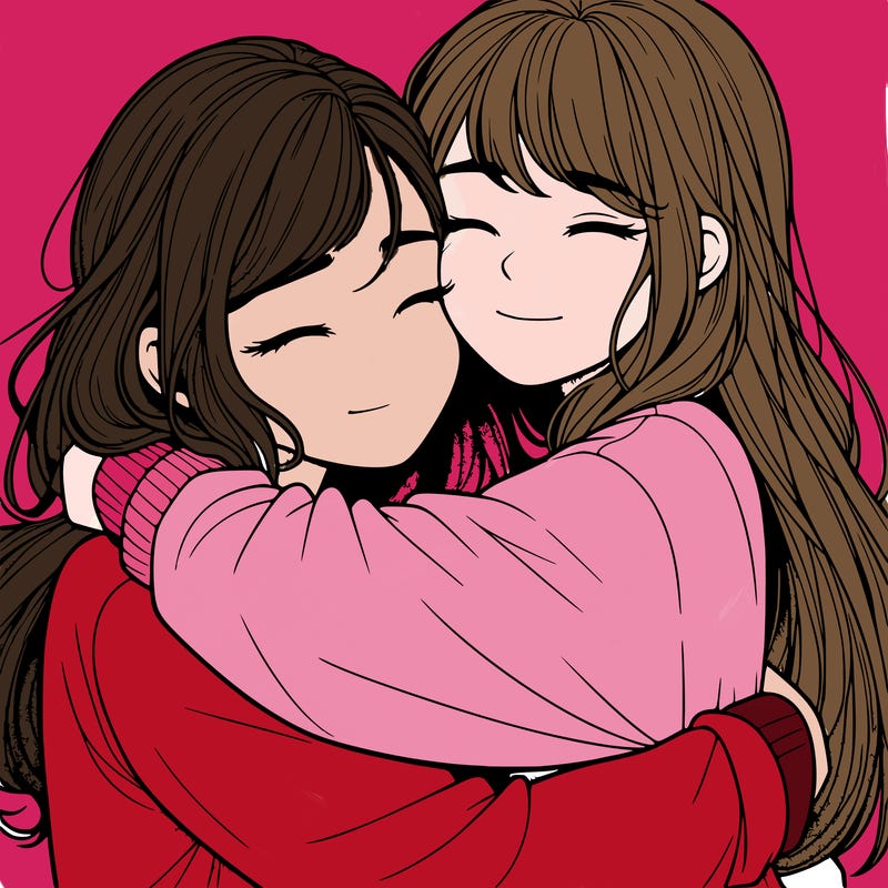 realistic two girls hugging