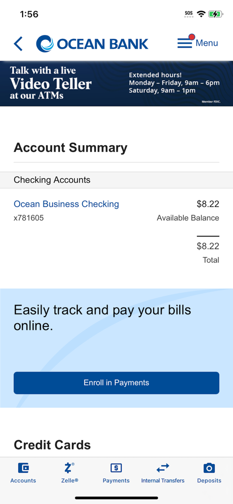 Ocean Bank Mobile Banking app interface showing an account summary for a business checking account