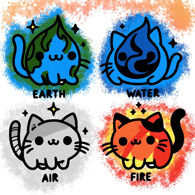 4 cats that represent the different elements, earth, water, air, and fire
