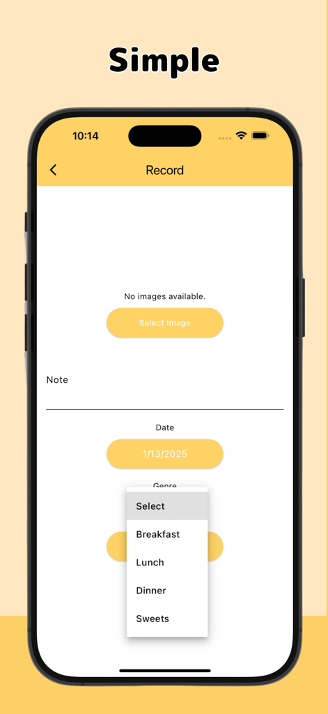 Food Diary - Food Memories - Uma interface simples de aplicativo móvel para registrar uma refeição com opções para selecionar uma imagem, adicionar notas e escolher um gênero de refeição como café da manhã ou almoço.