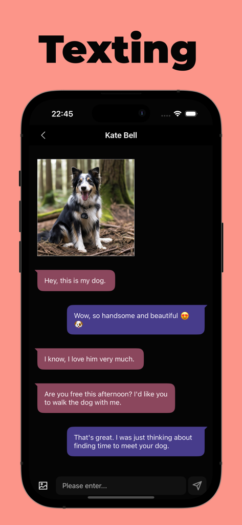 Text App: Phone Call App - Una captura de pantalla que muestra la interfaz de mensajería y las burbujas de chat de la aplicación Text