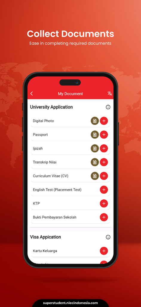 Super Student - A mobile app screen for uploading university and visa application documents