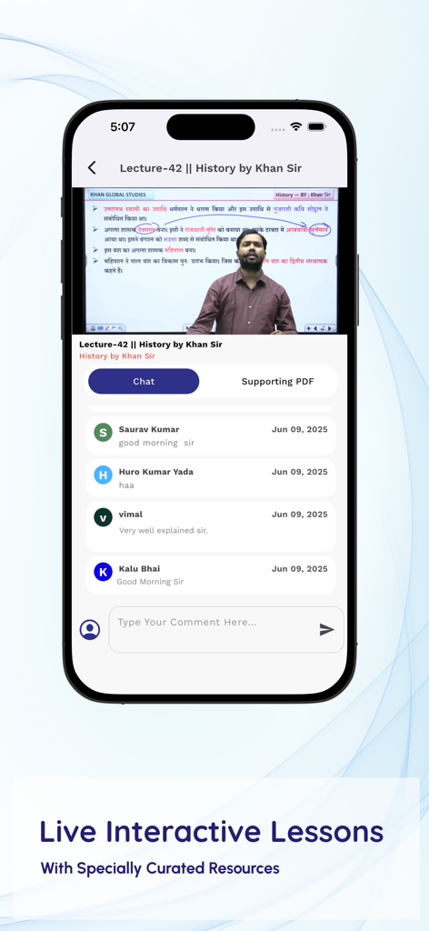 Khan Global Studies - Smartphone screen displaying a live history lecture with interactive chat in the Khan Global Studies app