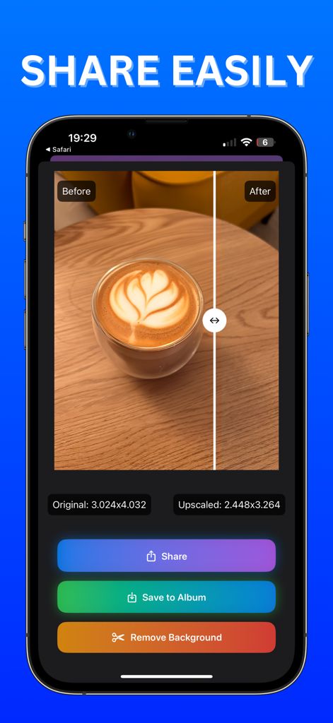 Upscale AI: HD Photo Enhancer - Interface do aplicativo Upscale AI mostrando uma foto de arte de café com botões para compartilhar, salvar no álbum e remover fundo